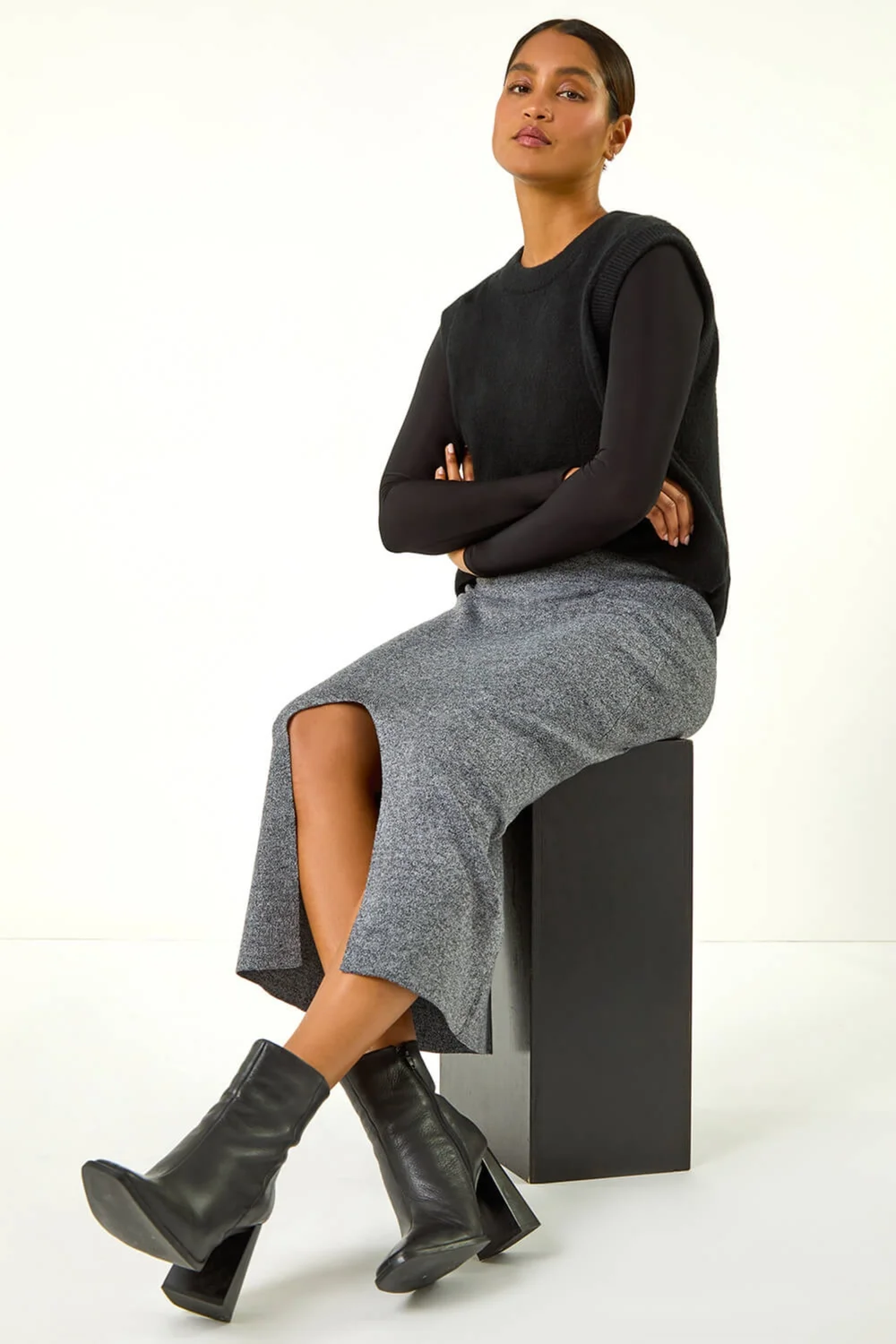 Roman Grey Front Split Knitted Midi Skirt - Size 10 Image 2