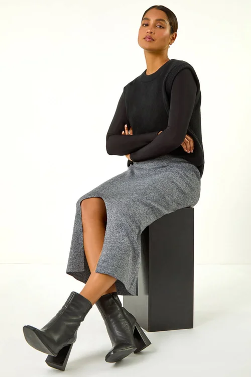 Roman Grey Front Split Knitted Midi Skirt - Size 10 Image 2