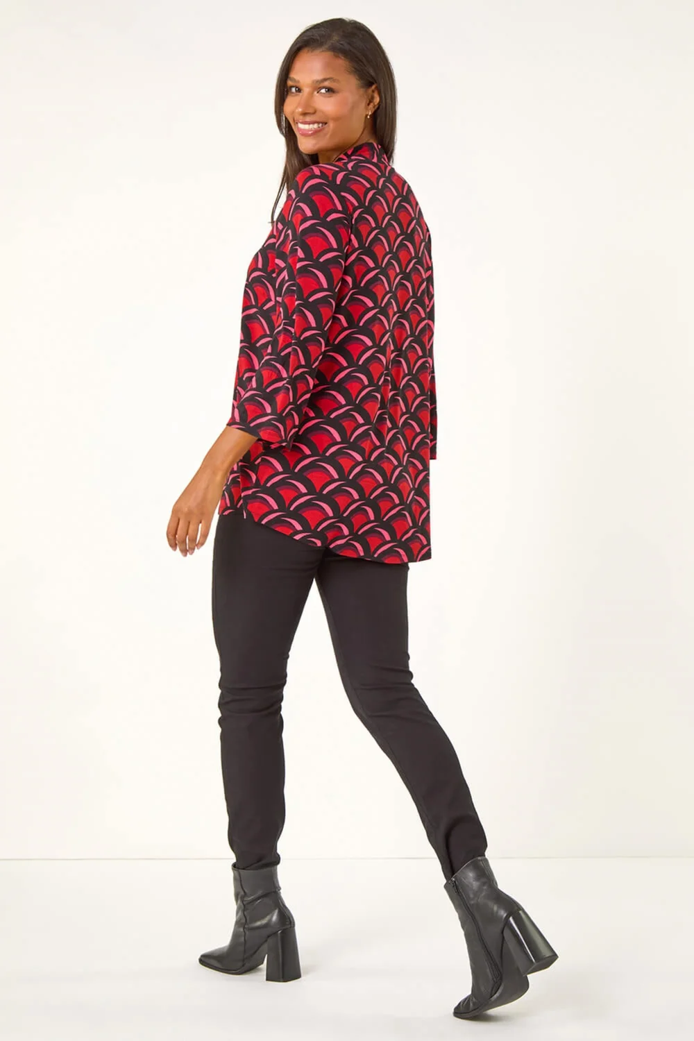 Roman Red Abstract V-Neck Pleat Front Stretch Top - 10 Image 3