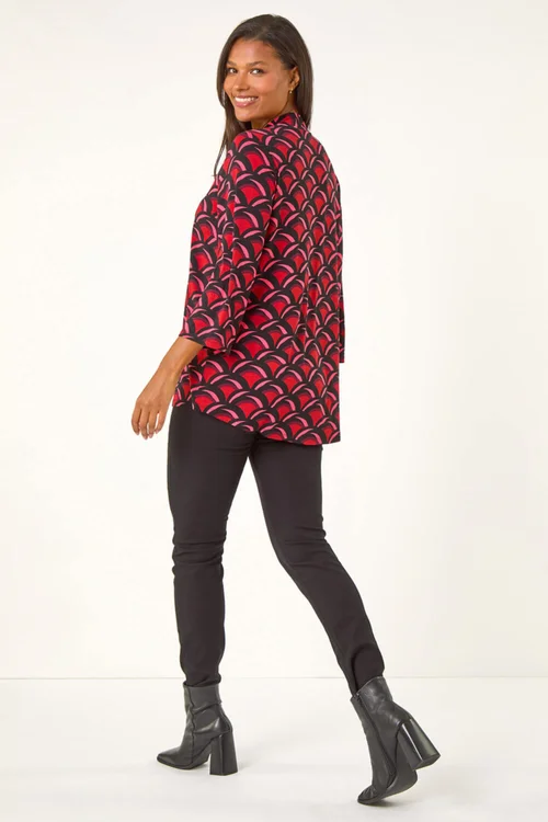 Roman Red Abstract V-Neck Pleat Front Stretch Top - 10 Image 3