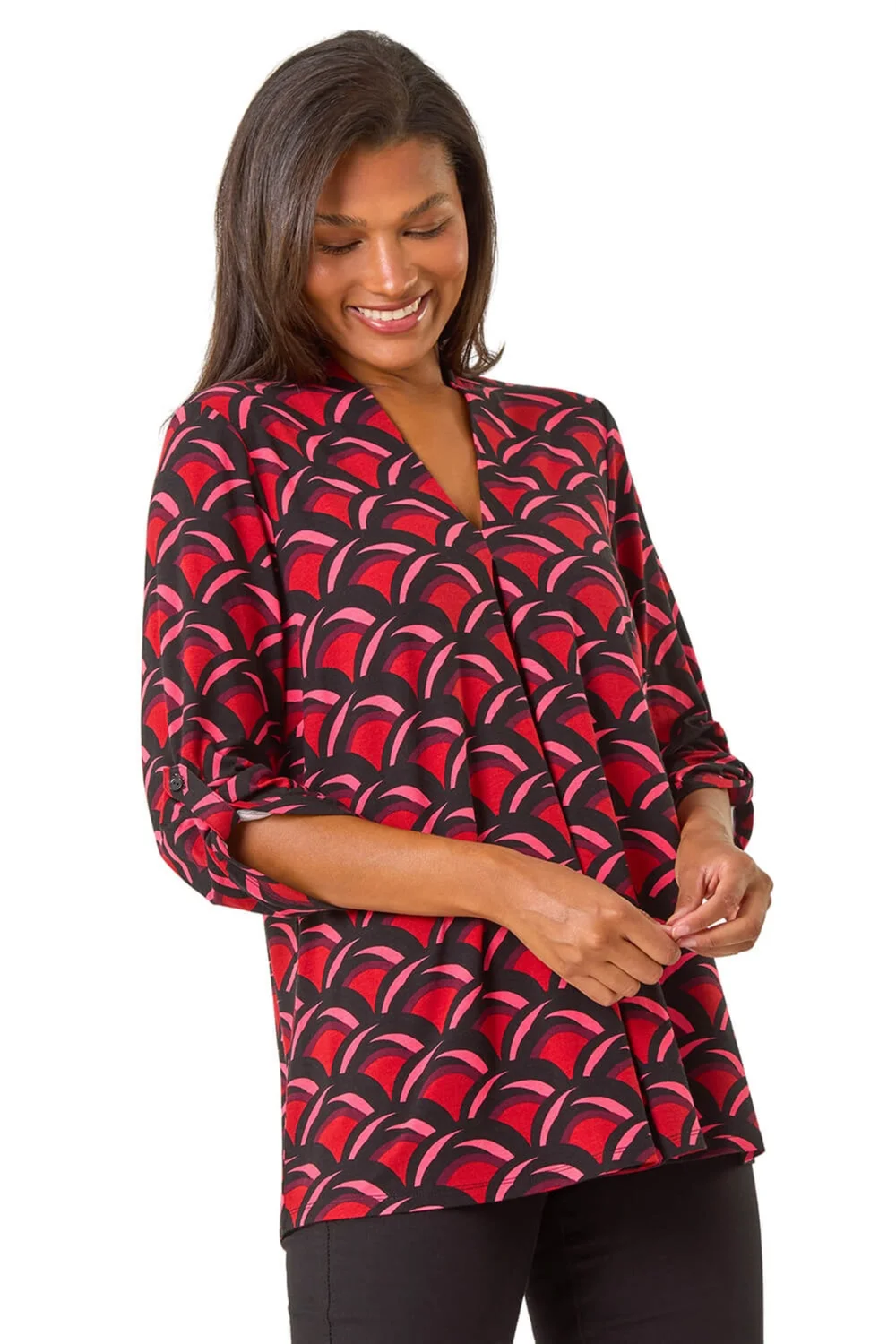 Roman Red Abstract V-Neck Pleat Front Stretch Top - 10 Image 1
