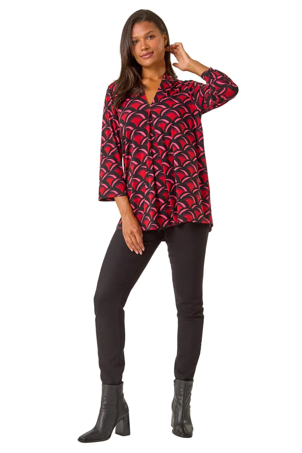 Roman Red Abstract V-Neck Pleat Front Stretch Top - 10 Image 2