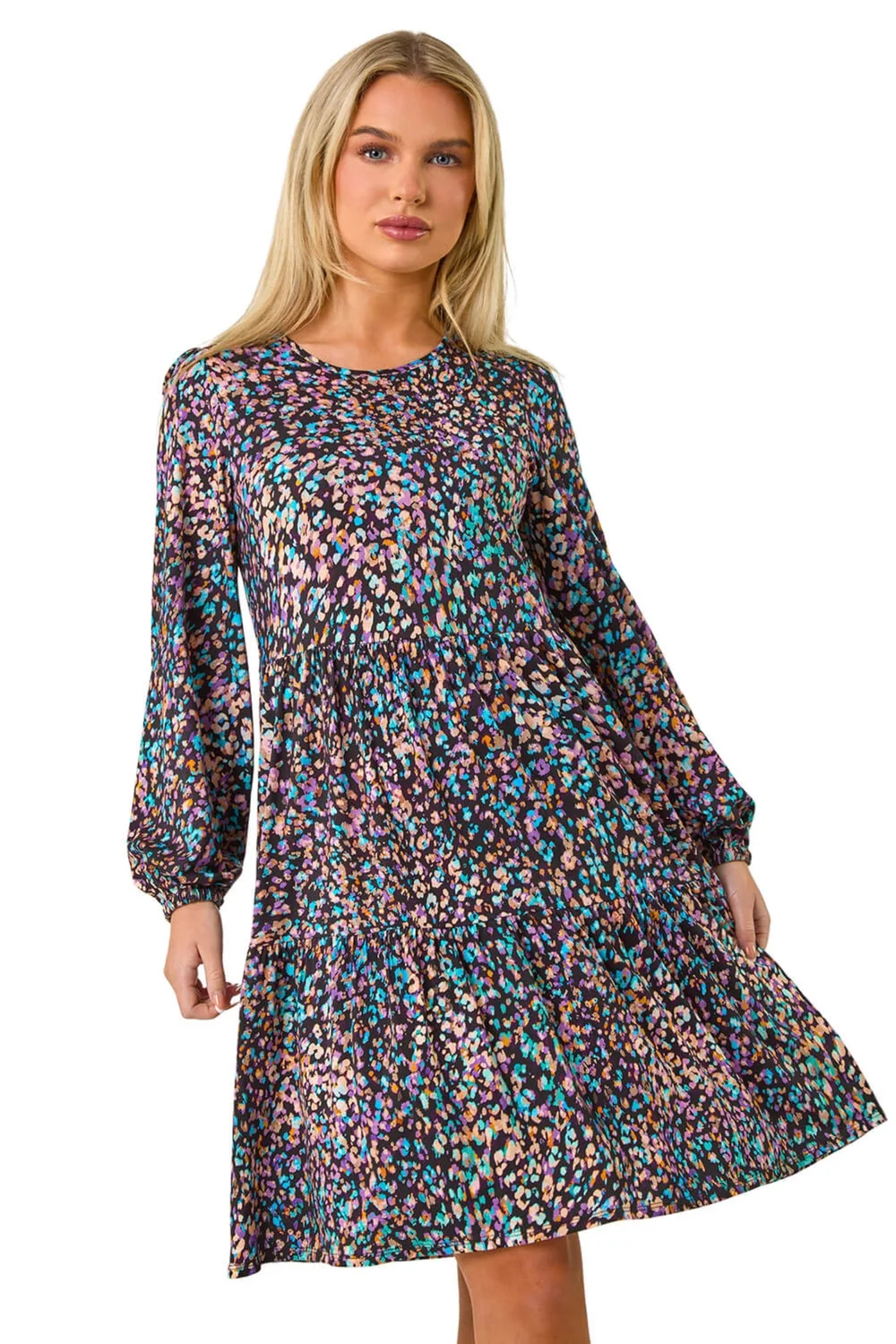 Roman Black Petite Animal Print Tiered Stretch Dress - 12 Image 1