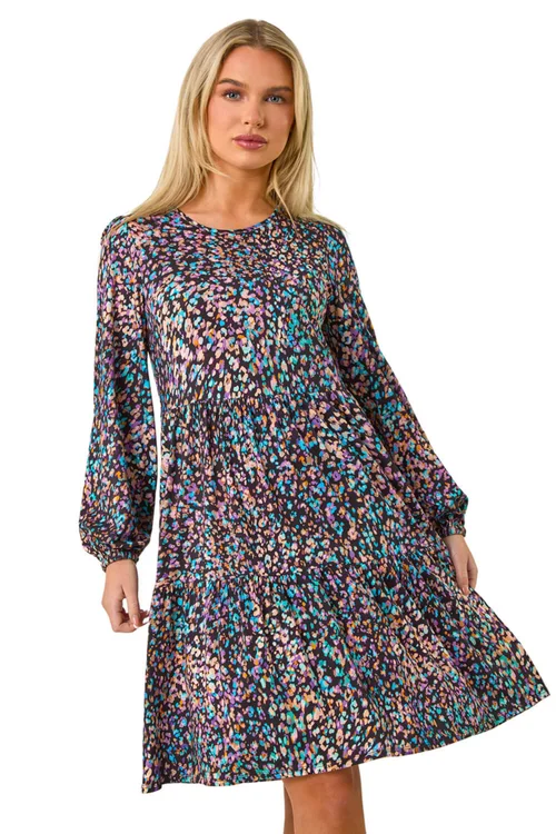 Roman Black Petite Animal Print Tiered Stretch Dress - 12 Image 1