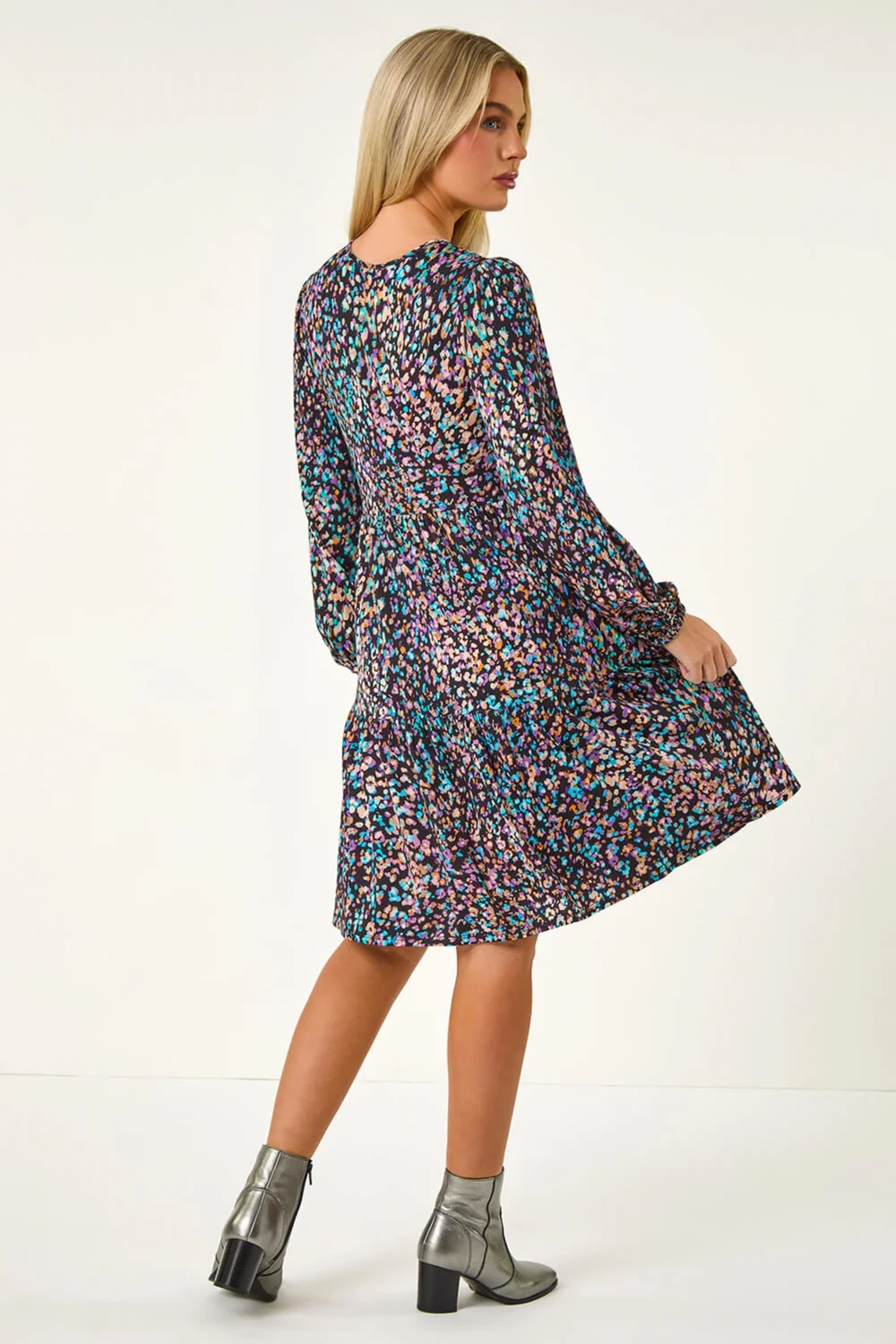 Roman Black Petite Animal Print Tiered Stretch Dress - 12 Image 4