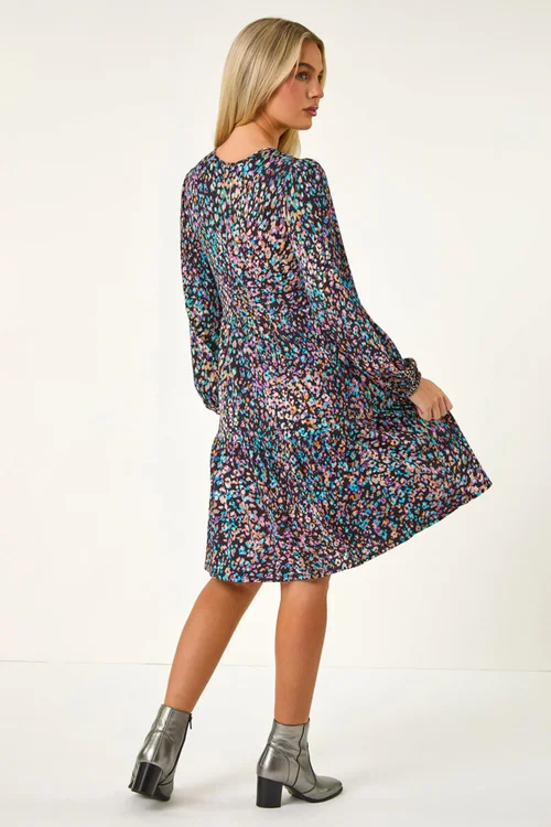 Roman Black Petite Animal Print Tiered Stretch Dress - 12 Image 4