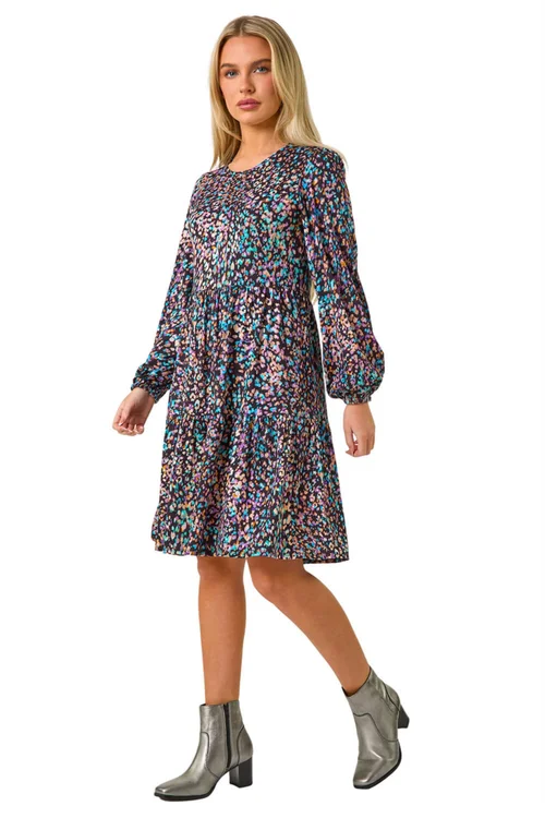 Roman Black Petite Animal Print Tiered Stretch Dress - 12 Image 2