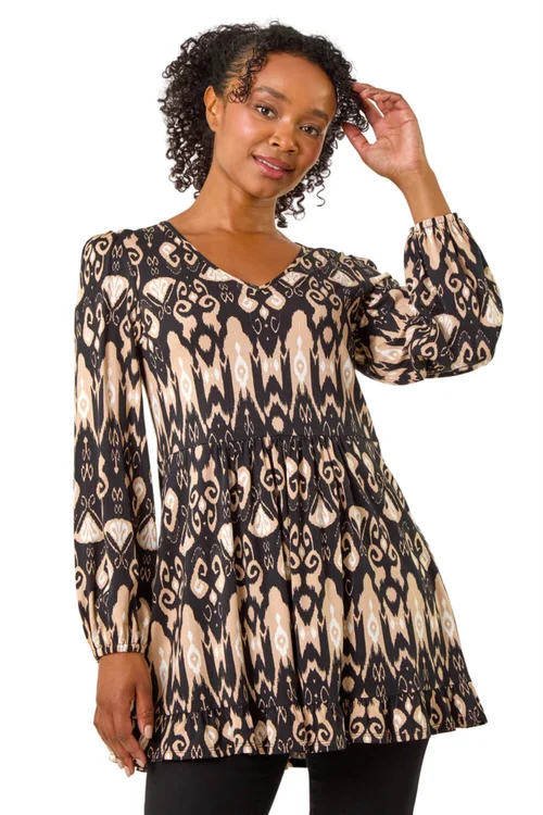 Roman Black Petite Aztec Frill Hem Top - 8 Image 1