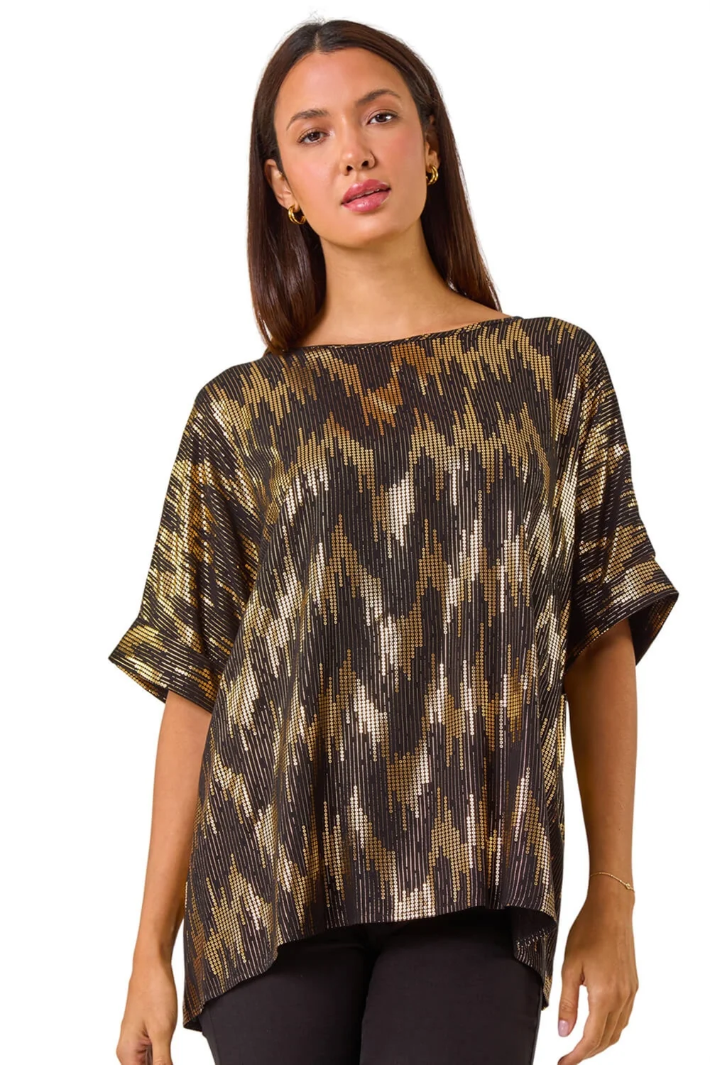 Roman Black Foil Print Button Detail Oversized Tee - Size 24 Image 1
