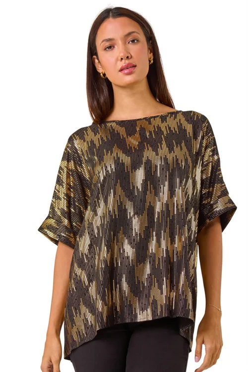Roman Black Foil Print Button Detail Oversized Tee - Size 24 Image 1