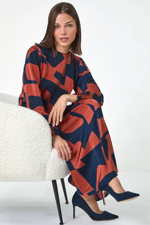 Roman Rust Geometric Colour Block Print Midi Dress - 22 Image 2