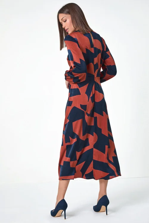 Roman Rust Geometric Colour Block Print Midi Dress - 22 Image 3
