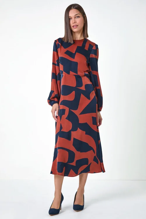 Roman Rust Geometric Colour Block Print Midi Dress - 22 Image 4