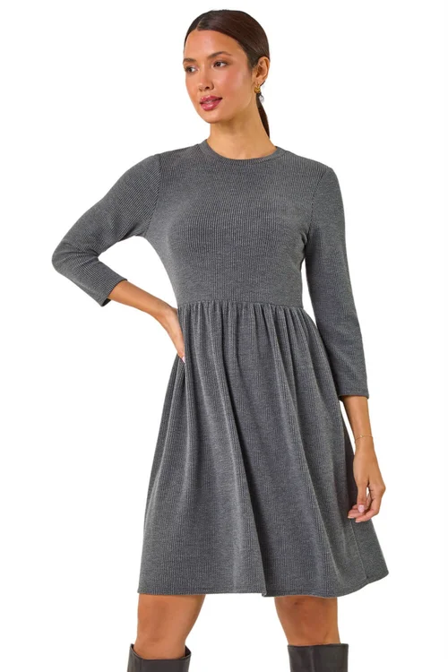 Roman Grey Ribbed Gathered Waist Stretch Dress - 10 Image 1