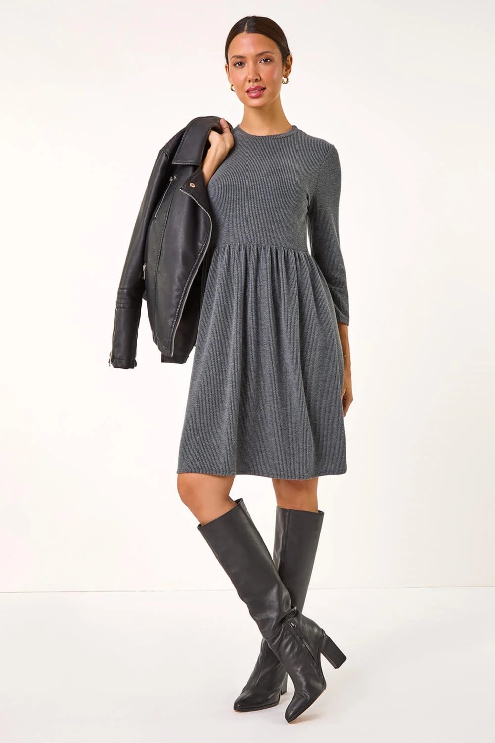 Roman Grey Ribbed Gathered Waist Stretch Dress - 10 Image 3