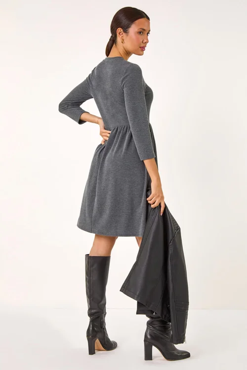 Roman Grey Ribbed Gathered Waist Stretch Dress - 10 Image 4