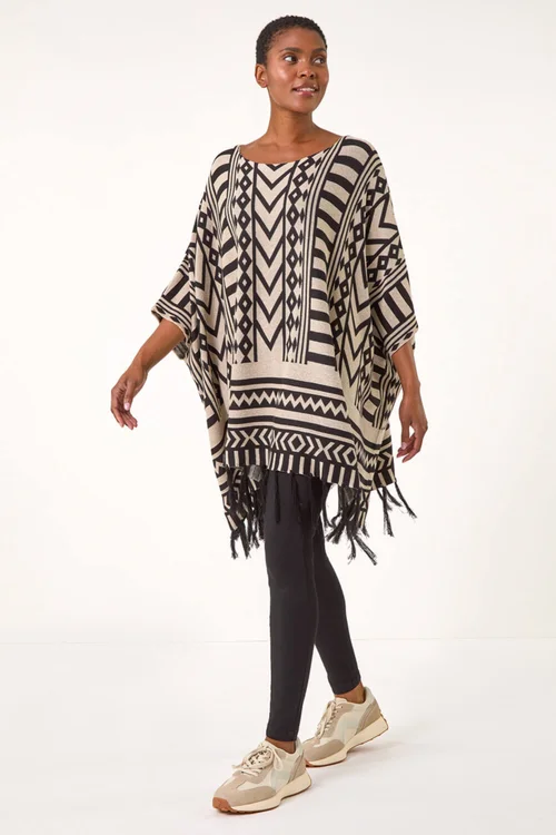 Roman Black Tribal Pattern Fringe Poncho Jumper - S/M Image 2