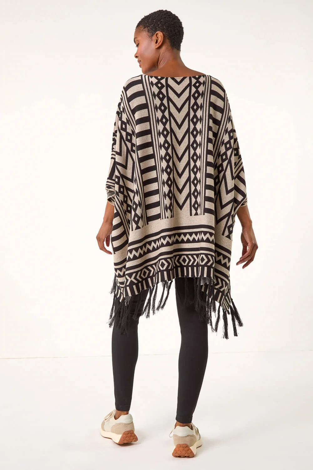 Roman Black Tribal Pattern Fringe Poncho Jumper - S/M Image 4