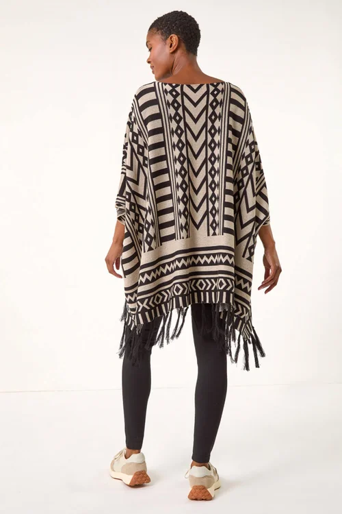 Roman Black Tribal Pattern Fringe Poncho Jumper - S/M Image 4