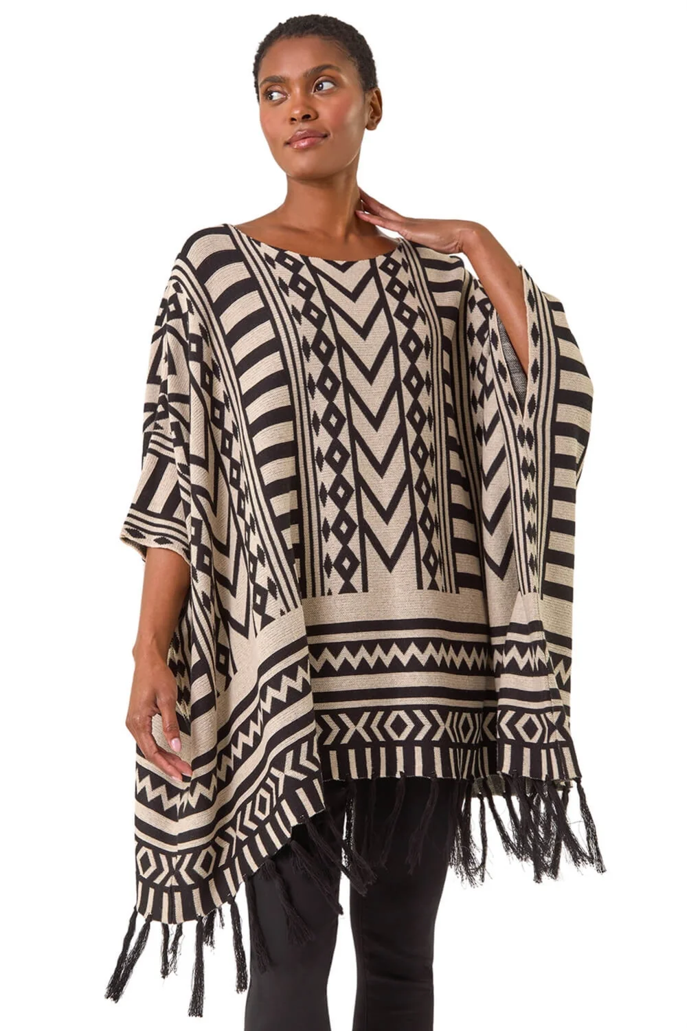 Roman Black Tribal Pattern Fringe Poncho Jumper - S/M Image 1