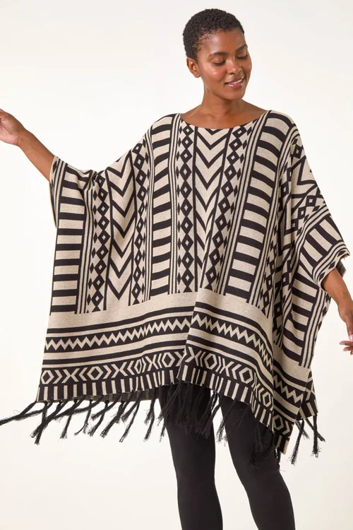 Roman Black Tribal Pattern Fringe Poncho Jumper - S/M Image 3