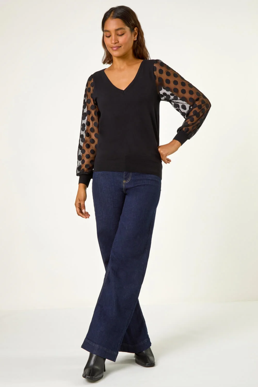 Roman Black Polka Dot V-Neck Sleeve Knit Jumper - 22 Image 3