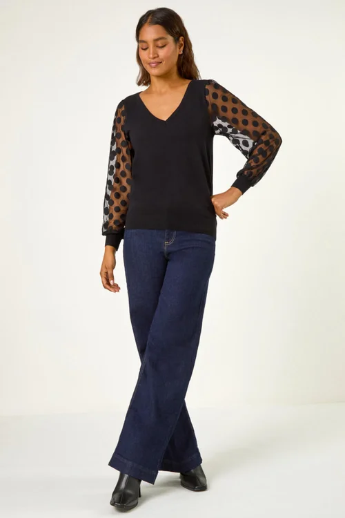 Roman Black Polka Dot V-Neck Sleeve Knit Jumper - 22 Image 3