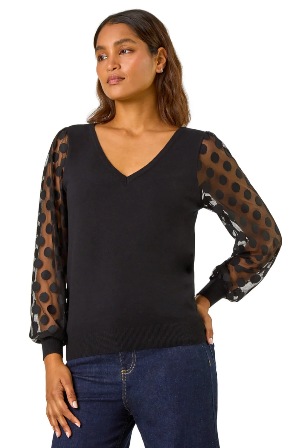 Roman Black Polka Dot V-Neck Sleeve Knit Jumper - 22 Image 1