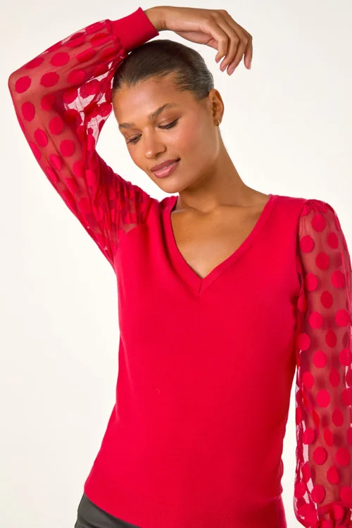 Roman Red Polka Dot V-Neck Sleeve Knit Jumper - 16 Image 4