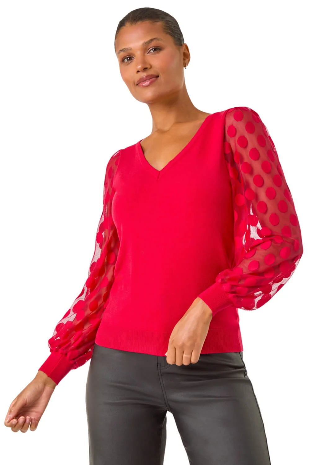 Roman Red Polka Dot V-Neck Sleeve Knit Jumper - 16 Image 1