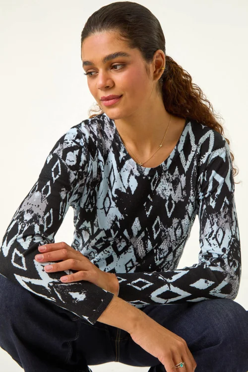 Roman Black Print Embellished Hotfix Detail Jumper - Size 12 Image 2