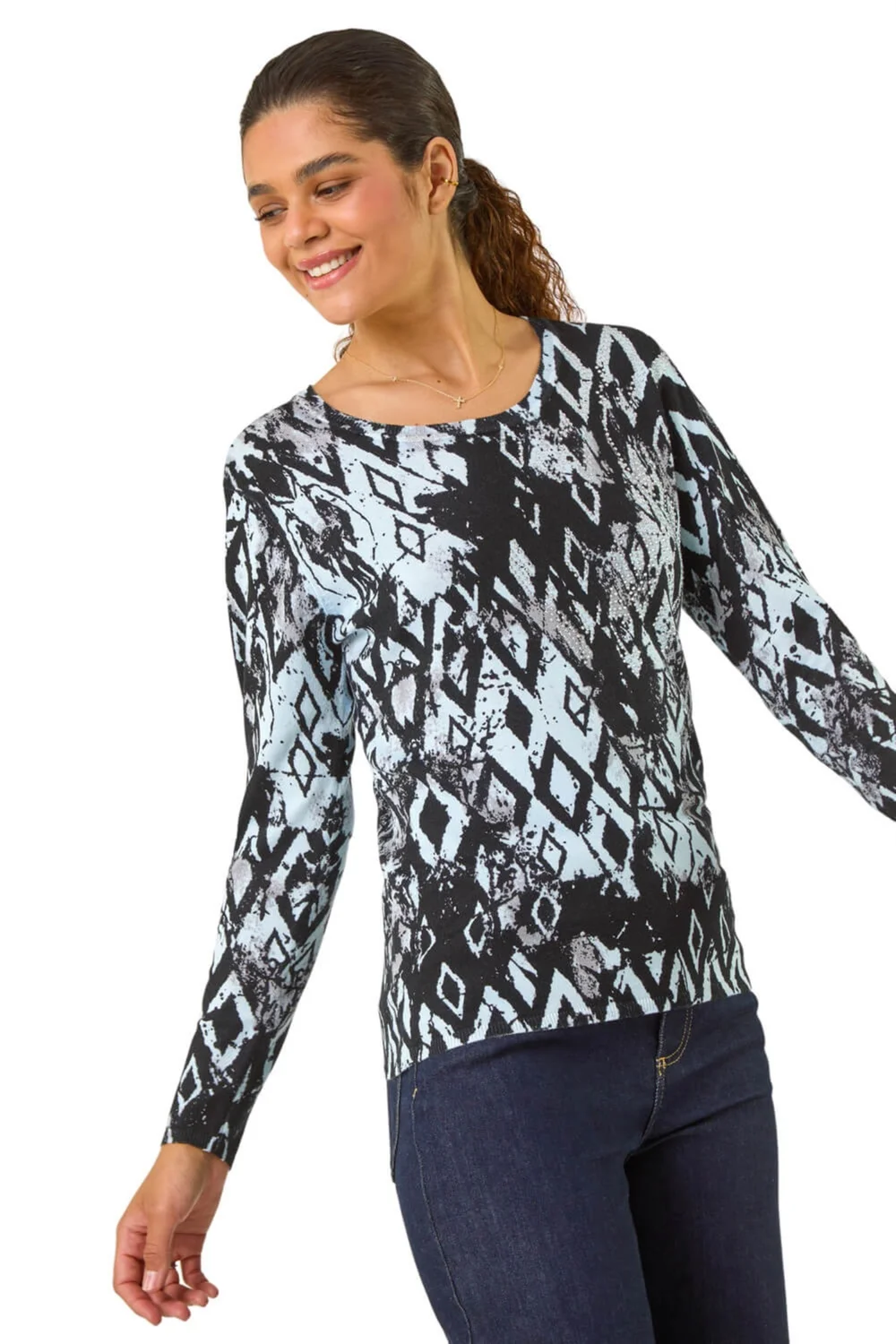 Roman Black Print Embellished Hotfix Detail Jumper - Size 12 Image 1