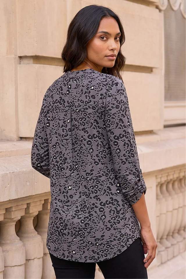 Roman Grey Animal Print Stretch Blouse
