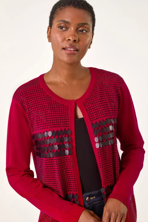 Roman Red Sequin Embellished Knit Cardigan - Size 12 Image 4