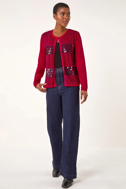 Roman Red Sequin Embellished Knit Cardigan - Size 12 Image 2