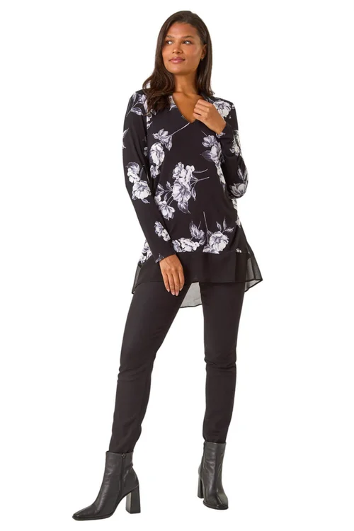 Roman Black Floral Print V-Neck Chiffon Hem Top - 10 Image 2