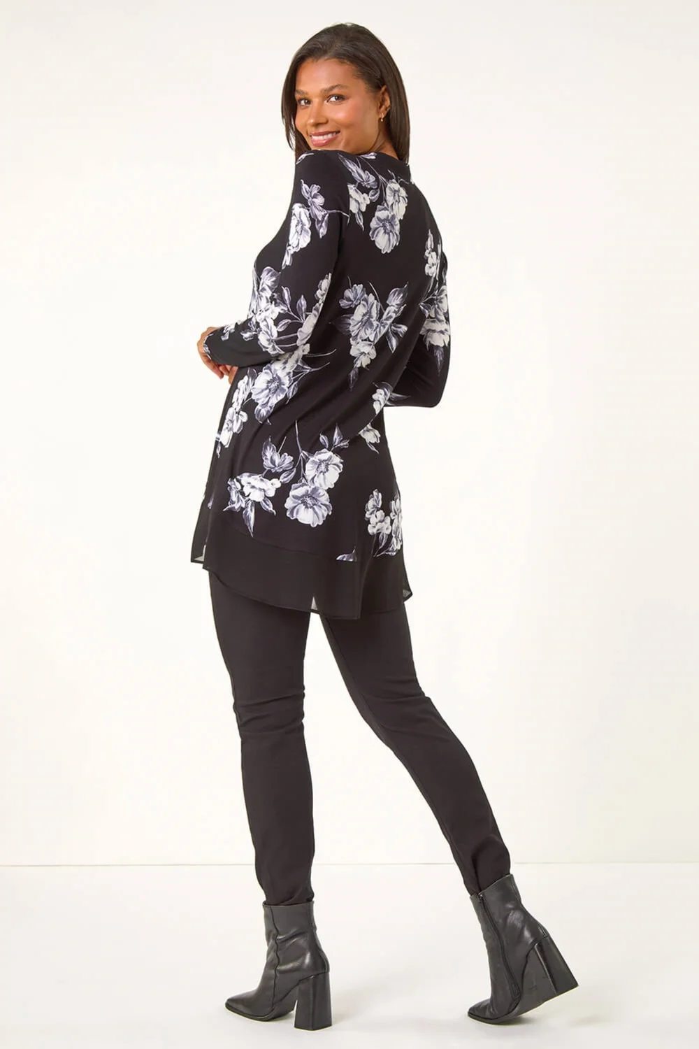Roman Black Floral Print V-Neck Chiffon Hem Top - 10 Image 3