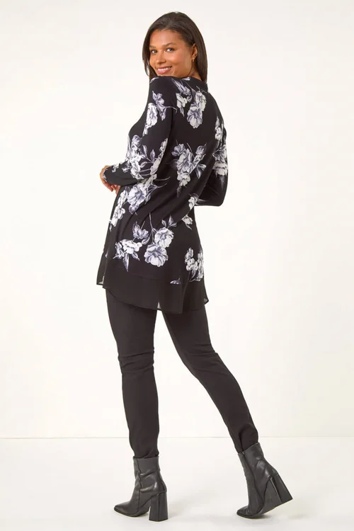 Roman Black Floral Print V-Neck Chiffon Hem Top - 10 Image 3