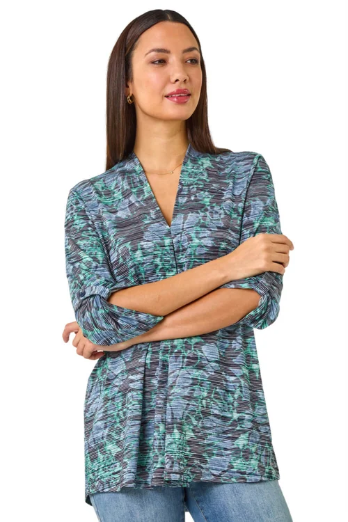 Roman Blue V-Neck Pleat Front Jersey Top - 10 Image 1