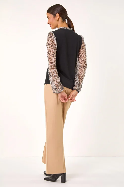 Roman Natural Contrast Animal Print Mesh Stretch Top - 10 Image 4