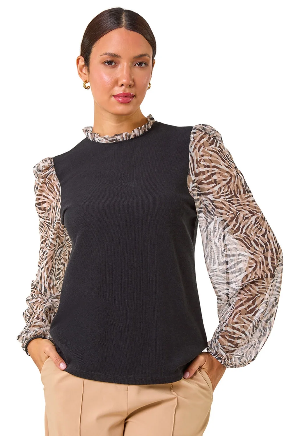 Roman Natural Contrast Animal Print Mesh Stretch Top - 10 Image 1