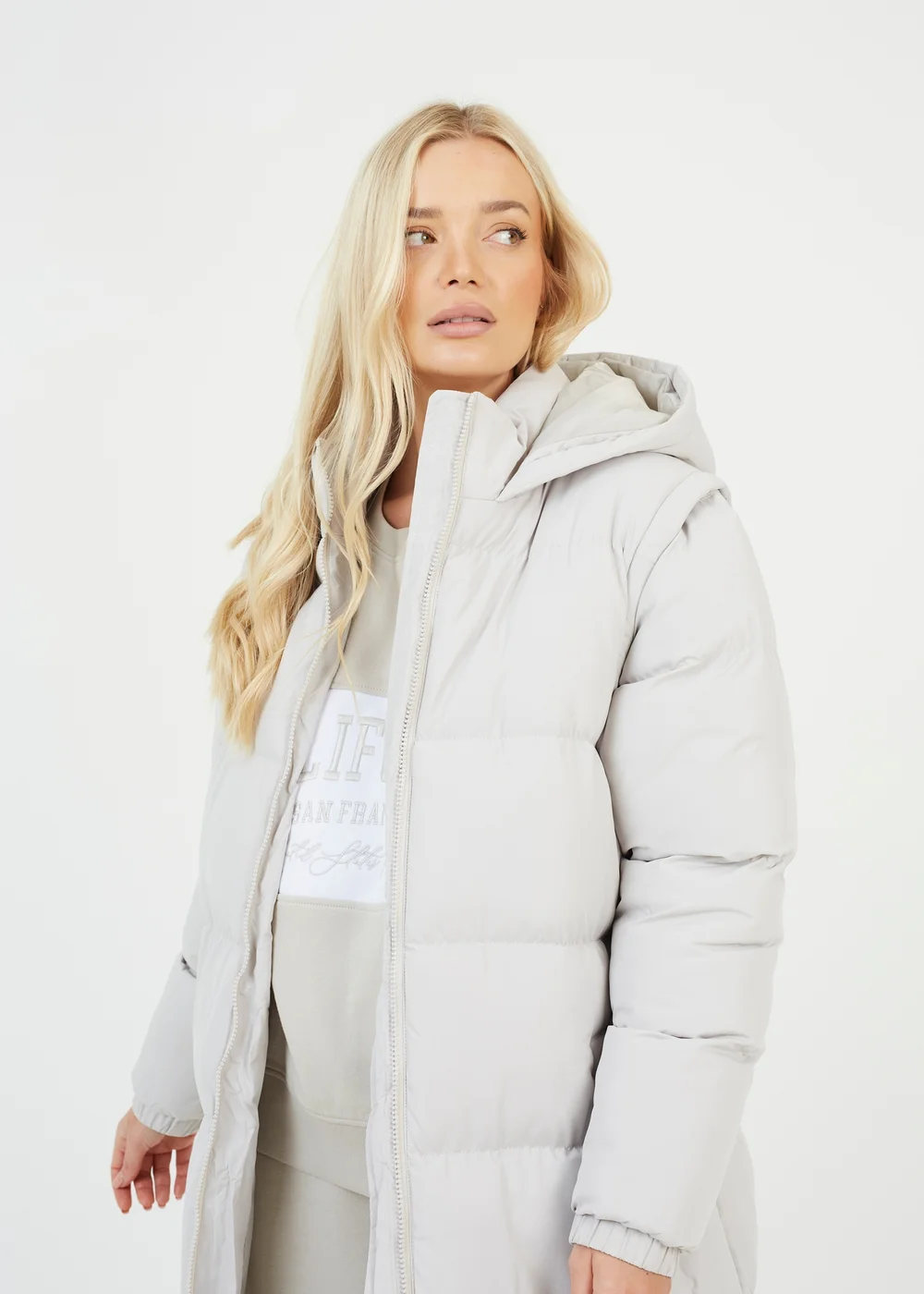 Brave Soul Cream Maxi Hooded Puffer Jacket with Detachable Sleeves - 8 Image 3