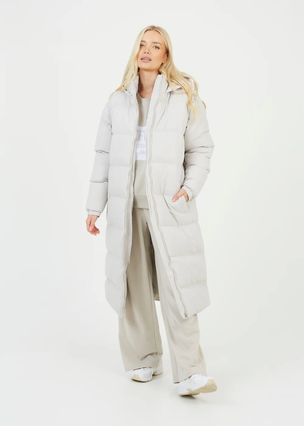 Brave Soul Cream Maxi Hooded Puffer Jacket with Detachable Sleeves - 8 Image 1