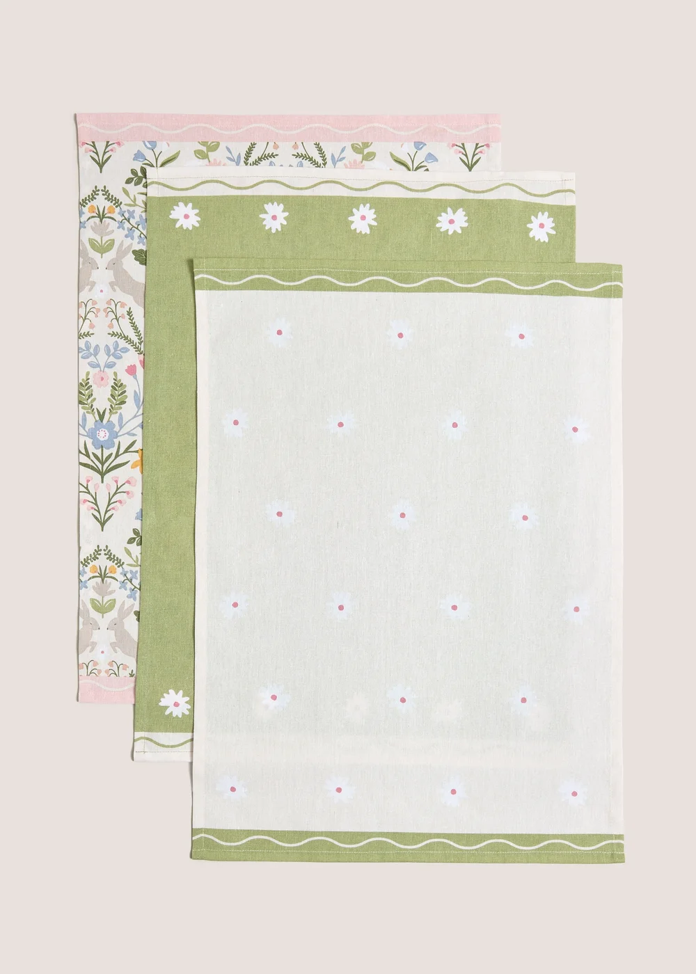 3 Pack Multicolour Folk Rabbit Tea Towels Image 1