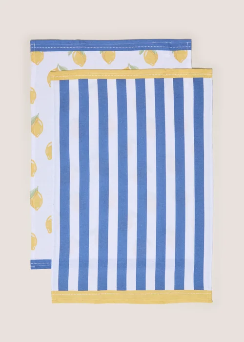 Blue and Yellow Lemon Printed Tea Towels Image 1
