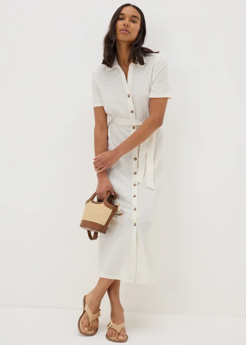 Cream Textured Shirt Midi Dress - 8 Image 1