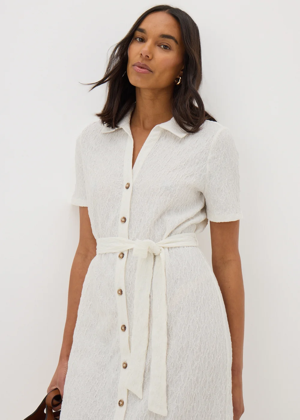 Cream Textured Shirt Midi Dress - 8 Image 2