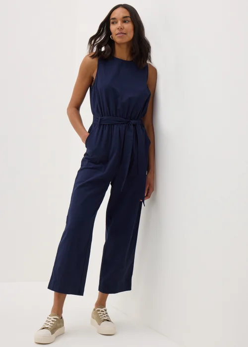 Navy Linen Blend Jumpsuit - 8 Image 1