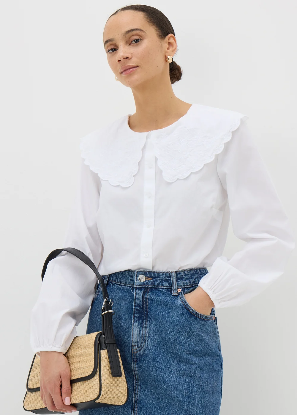 White Embroidered Oversized Collar Shirt - 8 Image 1