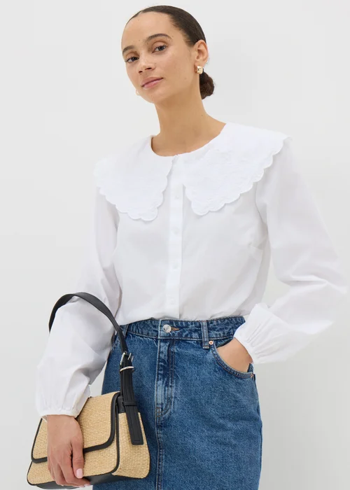 White Embroidered Oversized Collar Shirt - 8 Image 1